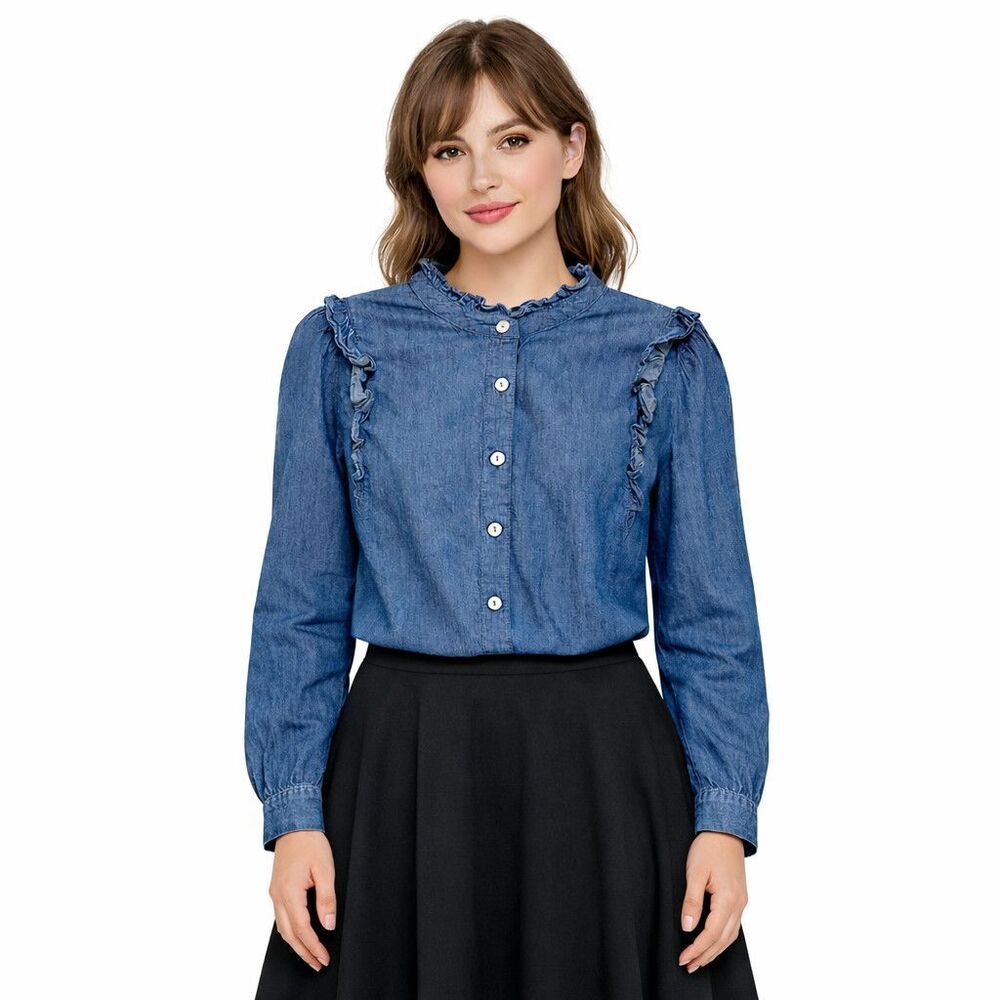 Draper James Shirt Womens Medium Blue High Neck Button Front Long Sleeve Top